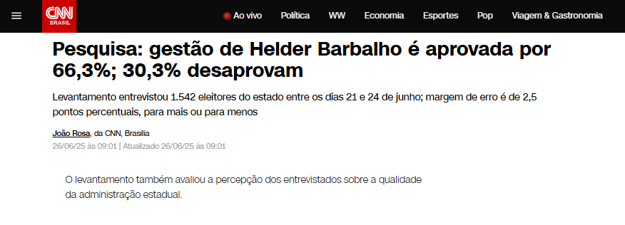 CNN Brasil cita pesquisa realizada pela Paraná Pesquisas no Estado do Pará.