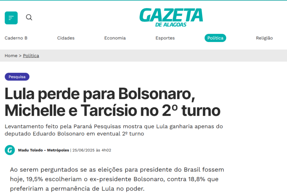 Gazeta de Alagoas cita pesquisa realizada pela Paraná Pesquisas.