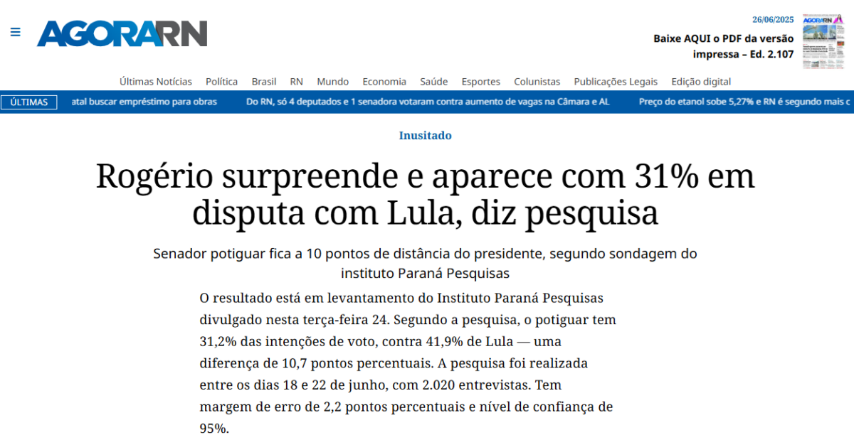 Agora RN cita pesquisa realizada pela Paraná Pesquisas.