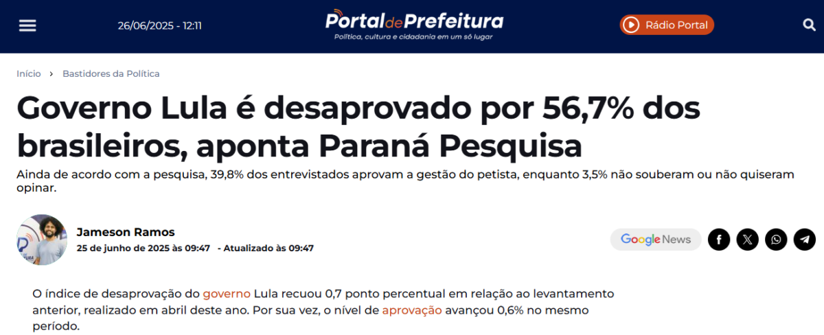 Portal de Prefeitura cita pesquisa realizada pela Paraná Pesquisas. 2 Portal de Prefeitura cita pesquisa realizada pela Paraná Pesquisas.