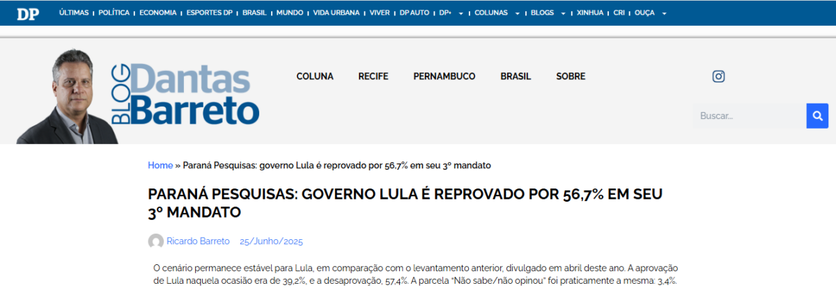 Blog Dantas Barreto cita pesquisa realizada pela Paraná Pesquisas.