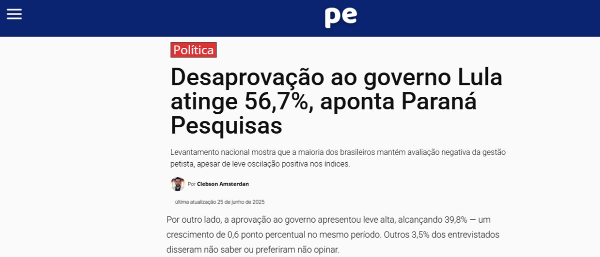 Pernambuco Notícias cita pesquisa realizada pela Paraná Pesquisas.