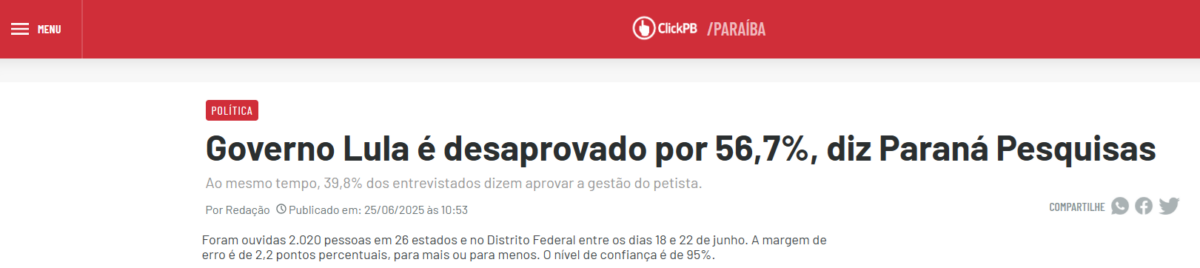 ClickPB cita pesquisa realizada pela Paraná Pesquisas.