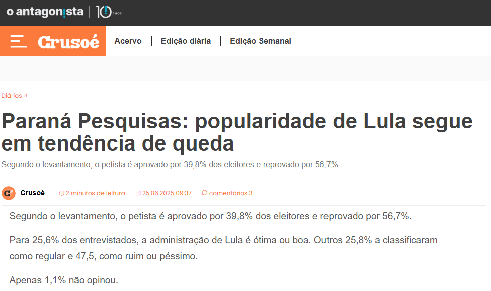 Crusoé cita pesquisa realizada pela Paraná Pesquisas.