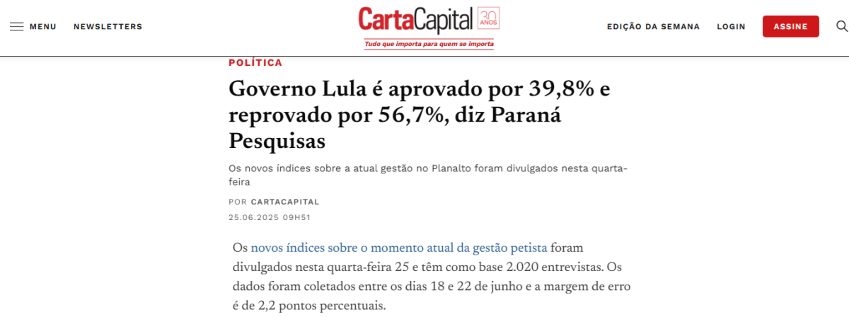 Carta Capital cita pesquisa realizada pela Paraná Pesquisas. 2 Carta Capital cita pesquisa realizada pela Paraná Pesquisas.