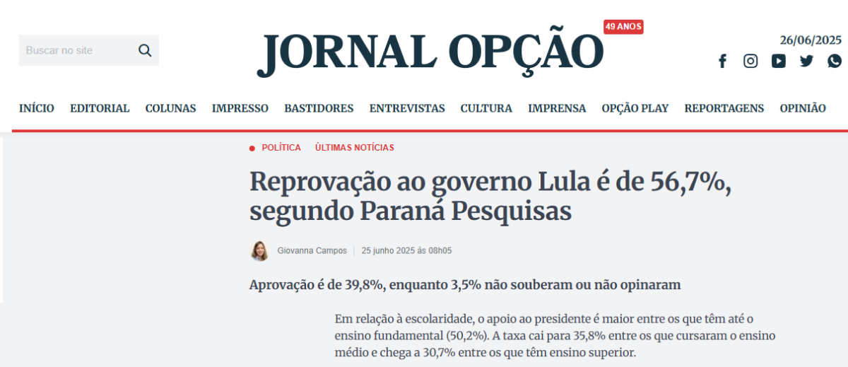 Jornal Opção cita pesquisa realizada pela Paraná Pesquisas.