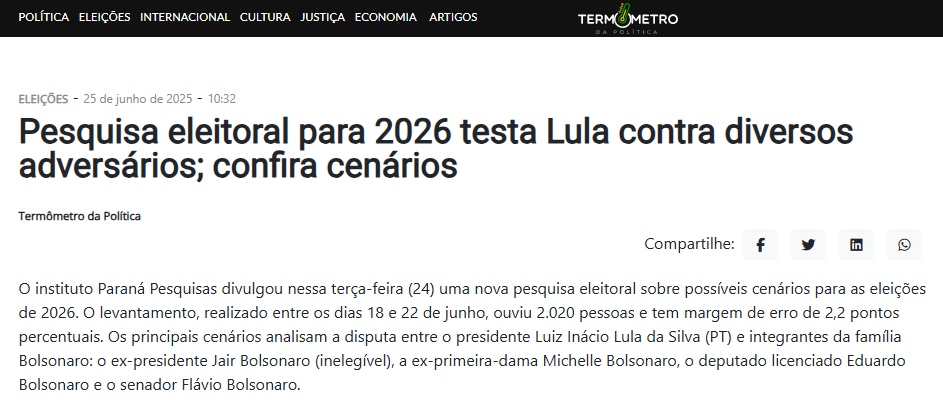 Termômetro da Política cita pesquisa realizada pela Paraná Pesquisas.