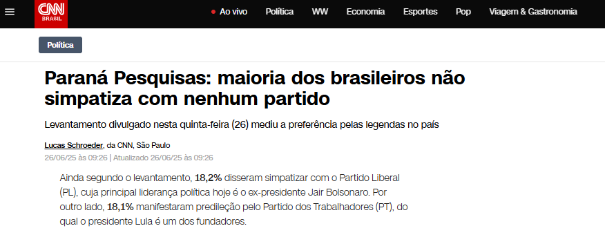 CNN Brasil cita pesquisa realizada pela Paraná Pesquisas.