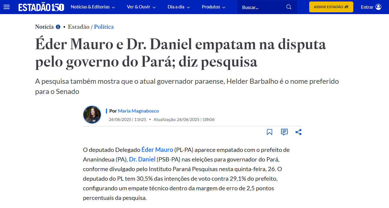 Estadão cita pesquisa realizada pela Paraná Pesquisas no Estado do Pará. 1 Estadão cita pesquisa realizada pela Paraná Pesquisas no Estado do Pará.