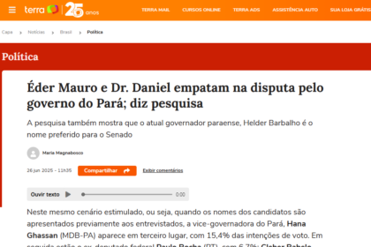 Portal Terra cita pesquisa realizada pela Paraná Pesquisas no Estado do Pará.
