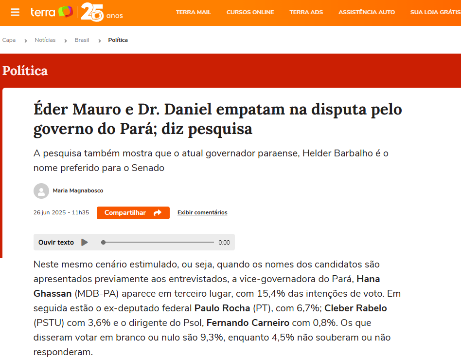 Portal Terra cita pesquisa realizada pela Paraná Pesquisas no Estado do Pará. 1 Portal Terra cita pesquisa realizada pela Paraná Pesquisas no Estado do Pará.