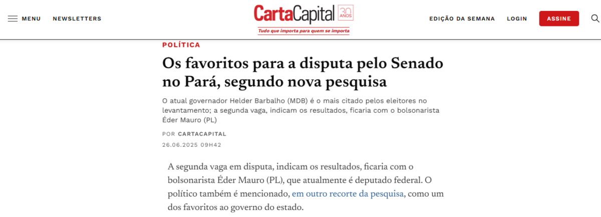 Carta Capital cita pesquisa realizada pela Paraná Pesquisas no Estado do Pará. 2 Carta Capital cita pesquisa realizada pela Paraná Pesquisas no Estado do Pará.