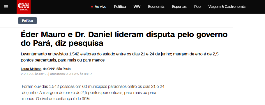 CNN Brasil cita pesquisa realizada pela Paraná Pesquisas no Estado do Pará.