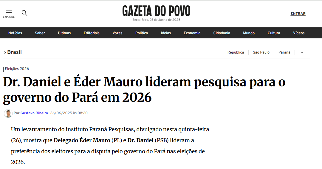 Gazeta do Povo cita pesquisa realizada pela Paraná Pesquisas no Estado do Pará.