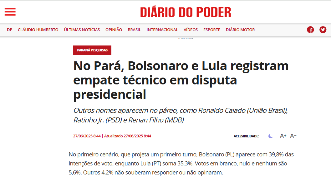 Diário do Poder cita pesquisa realizada pela Paraná Pesquisas no Estado do Pará. 2 Diário do Poder cita pesquisa realizada pela Paraná Pesquisas no Estado do Pará.
