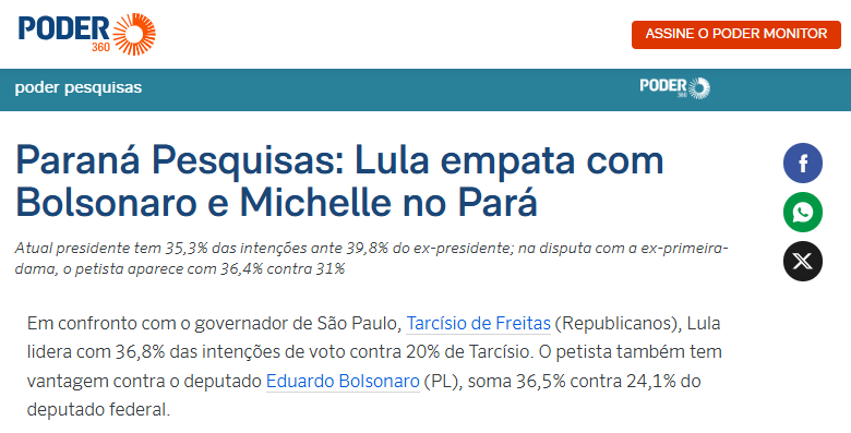 Poder 360 cita pesquisa realizada pela Paraná Pesquisas no Estado do Pará.
