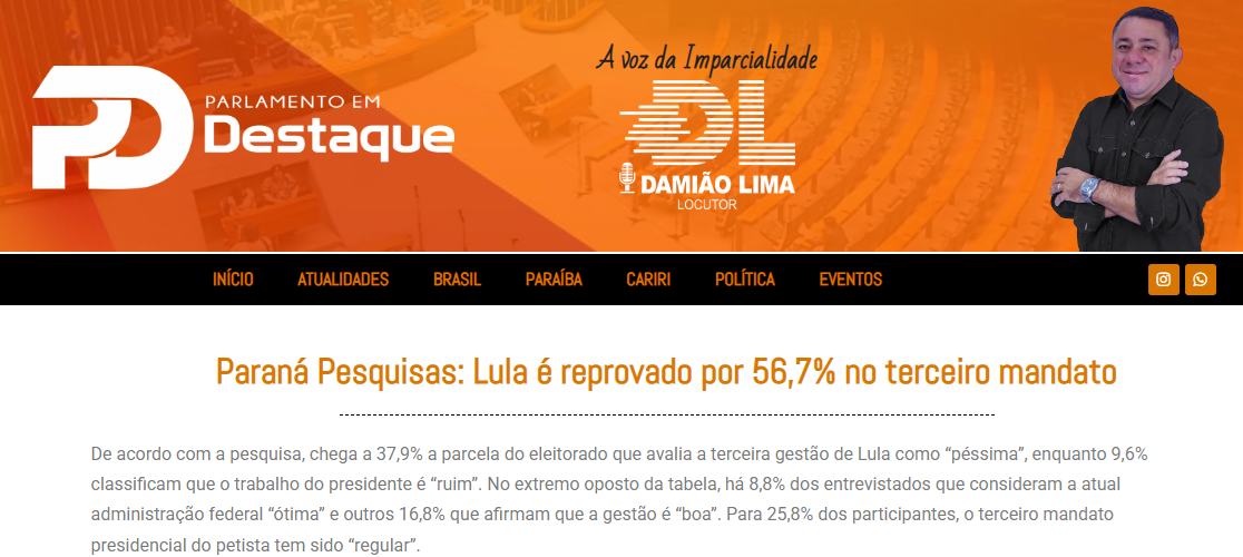 Parlamentos em Destaque cita pesquisa realizada pela Paraná Pesquisas.