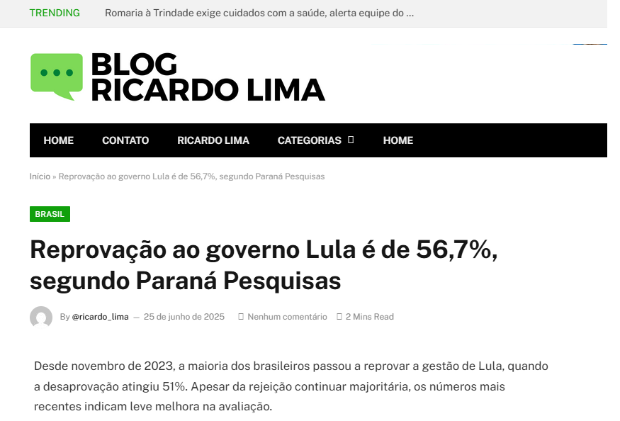 Blog Ricardo Lima cita pesquisa realizada pela Paraná Pesquisas.