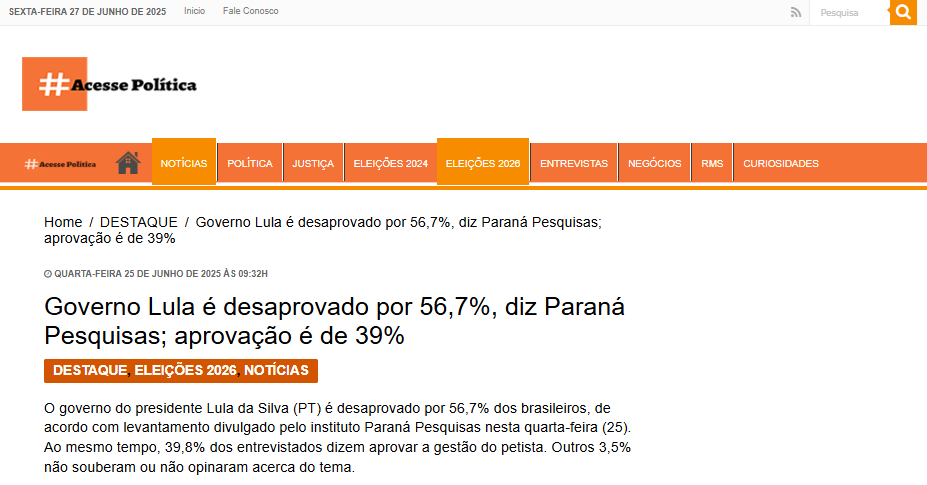 Acesse Política cita pesquisa realizada pela Paraná Pesquisas. 2 Acesse Política cita pesquisa realizada pela Paraná Pesquisas.