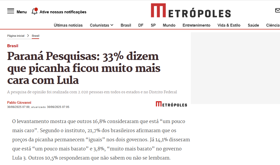 Metrópoles cita pesquisa realizada pela Paraná Pesquisas.