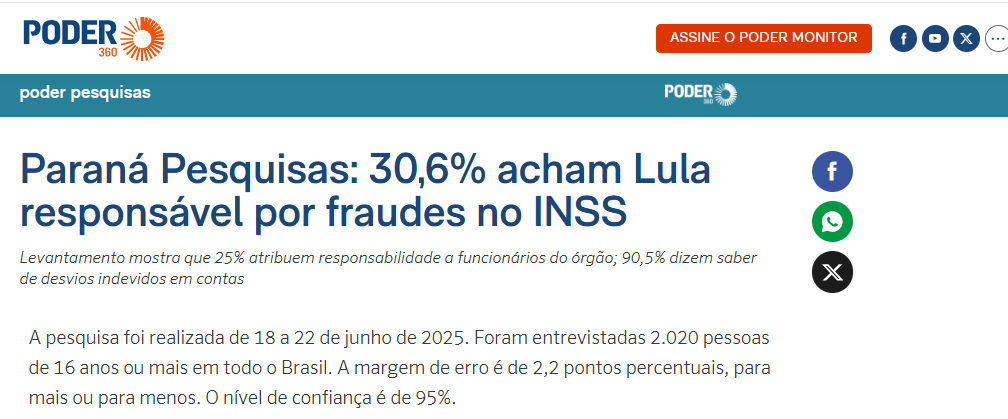 Poder 360 cita pesquisa realizada pela Paraná Pesquisas. 2 Poder 360 cita pesquisa realizada pela Paraná Pesquisas.