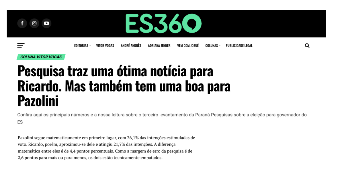 ES360 cita pesquisa realizada pela Paraná Pesquisas no Estado do Espírito Santo. 2 ES360 cita pesquisa realizada pela Paraná Pesquisas no Estado do Espírito Santo.