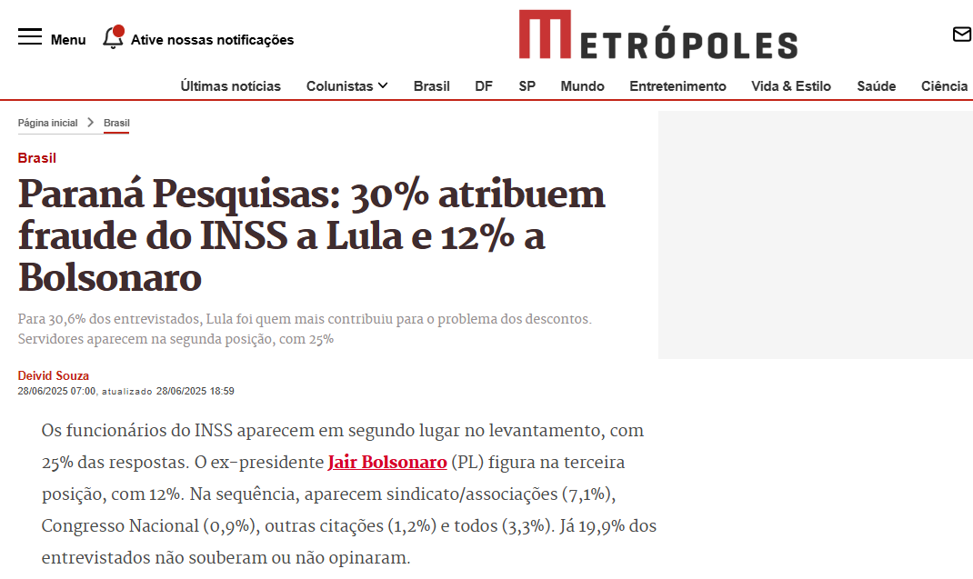 Metrópoles cita pesquisa realizada pela Paraná Pesquisas. 2 Metrópoles cita pesquisa realizada pela Paraná Pesquisas.