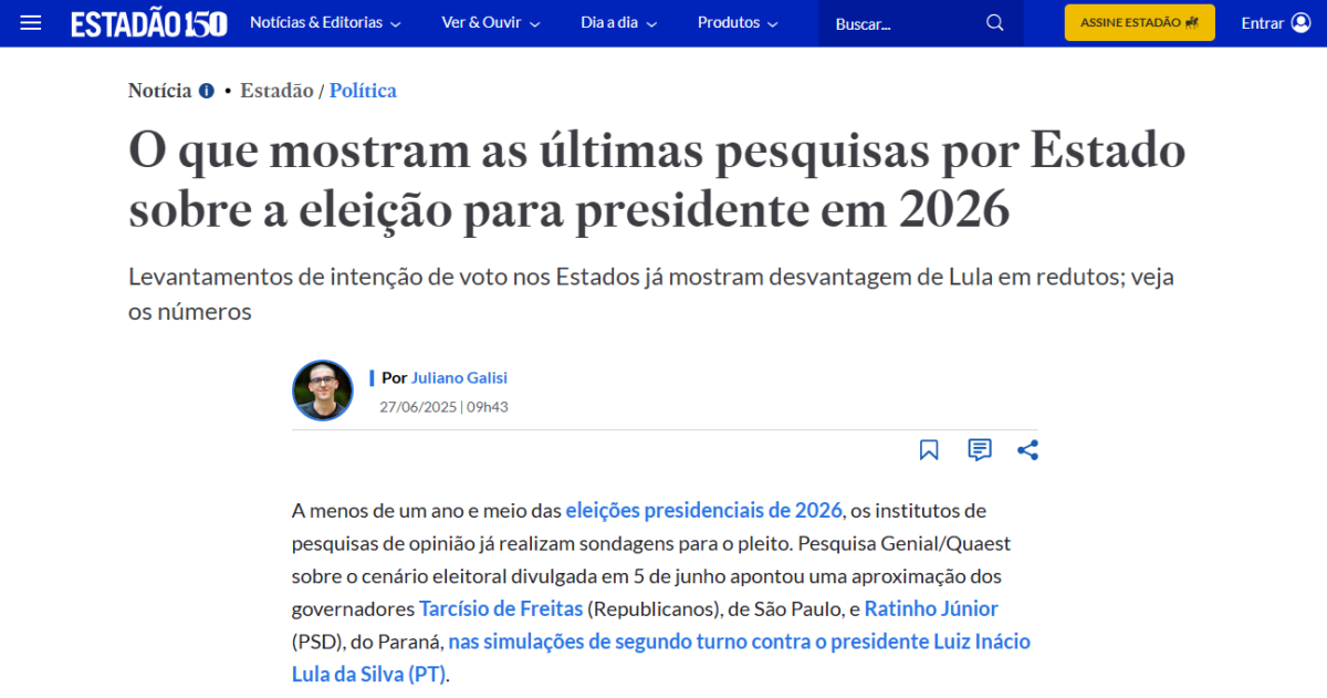 Estadão cita pesquisa realizada pela Paraná Pesquisas. 2 Estadão cita pesquisa realizada pela Paraná Pesquisas.