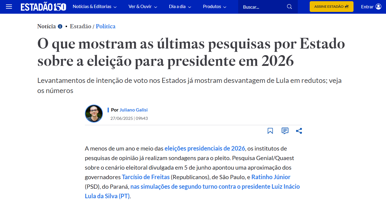 Estadão cita pesquisa realizada pela Paraná Pesquisas. 1 Estadão cita pesquisa realizada pela Paraná Pesquisas.