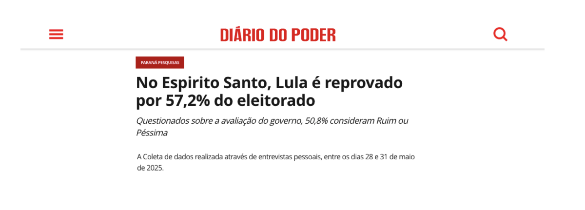 Diário do Poder cita pesquisa realizada pela Paraná Pesquisas no Estado do Espírito Santo.