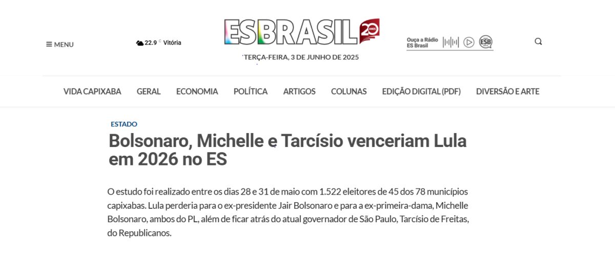 Revista ES Brasil cita pesquisa realizada pela Paraná Pesquisas no Estado do Espírito Santo.
