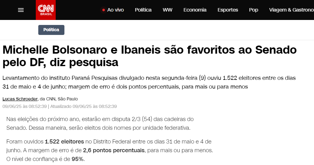 CNN Brasil cita pesquisa realizada pela Paraná Pesquisas no Distrito Federal. 2 CNN Brasil cita pesquisa realizada pela Paraná Pesquisas no Distrito Federal.