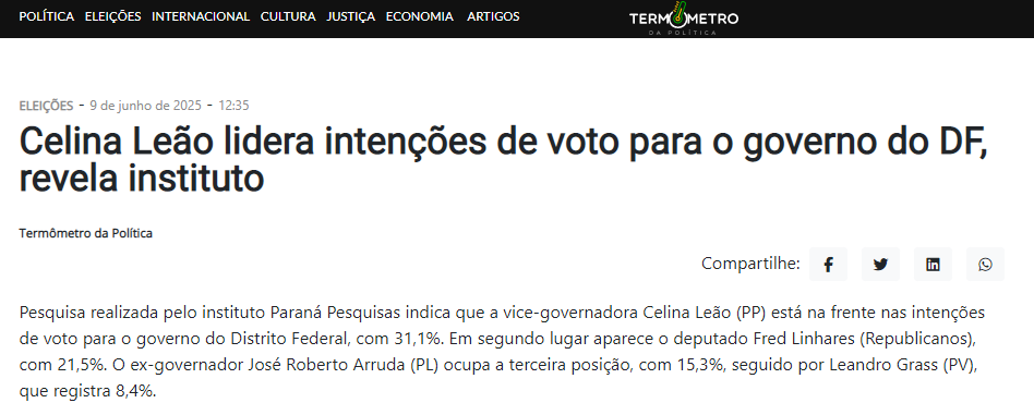 Termômetro da Política cita pesquisa realizada pela Paraná Pesquisas no Distrito Federal.