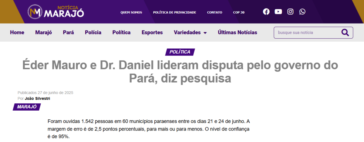 Notícia Marajó cita pesquisa realizada pela Paraná Pesquisas no Estado do Pará. 2 Notícia Marajó cita pesquisa realizada pela Paraná Pesquisas no Estado do Pará.