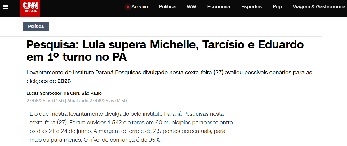 CNN Brasil cita pesquisa realizada pela Paraná Pesquisas no Estado do Pará. 2 CNN Brasil cita pesquisa realizada pela Paraná Pesquisas no Estado do Pará.