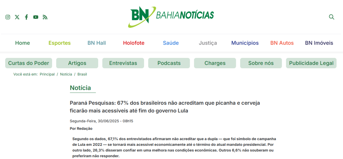Bahia Notícias cita pesquisa realizada pela Paraná Pesquisas.