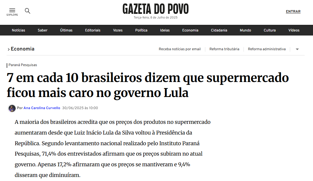 Gazeta do Povo cita pesquisa realizada pela Paraná Pesquisas.