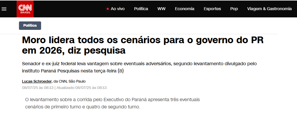 CNN Brasil cita pesquisa realizada pela Paraná Pesquisas no Estado do Paraná.