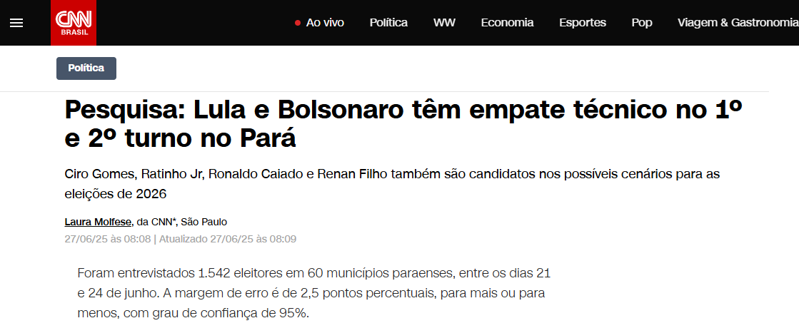 CNN Brasil cita pesquisa realizada pela Paraná Pesquisas no Estado do Pará. 2 CNN Brasil cita pesquisa realizada pela Paraná Pesquisas no Estado do Pará.