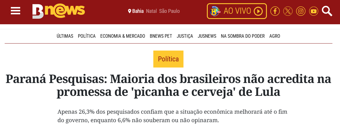 B News cita pesquisa realizada pela Paraná Pesquisas.