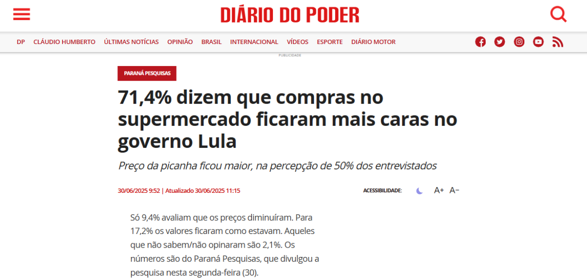 Diário do Poder cita pesquisa realizada pela Paraná Pesquisas.