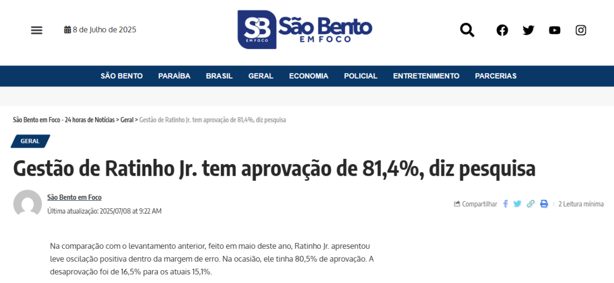 São Bento em Foco cita pesquisa realizada pela Paraná Pesquisas no Estado do Paraná.