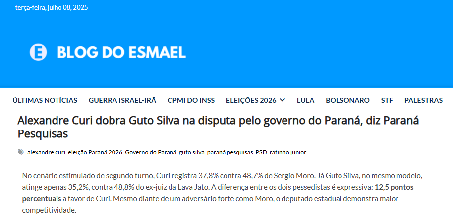 Blog do Esmael cita pesquisa realizada pela Paraná Pesquisas no Estado do Paraná.