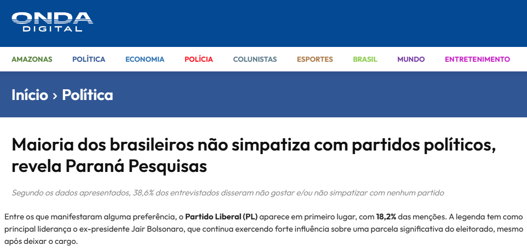 Onda Digital cita pesquisa realizada pela Paraná Pesquisas. 2 Onda Digital cita pesquisa realizada pela Paraná Pesquisas.