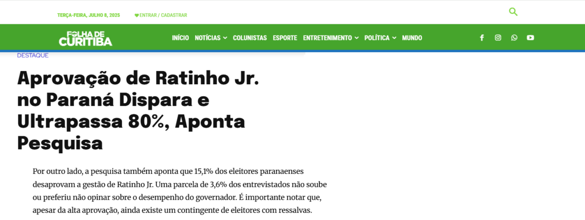 Folha de Curitiba cita pesquisa realizada pela Paraná Pesquisas no Estado do Paraná.