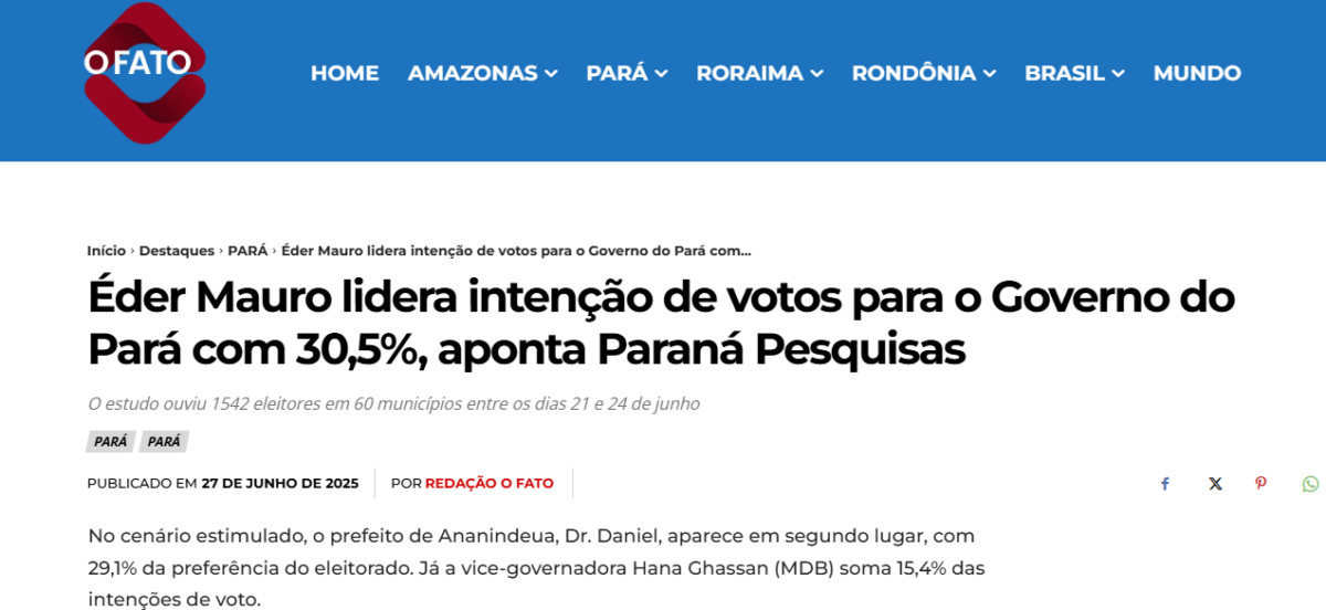 O Fato cita pesquisa realizada pela Paraná Pesquisas no Estado do Pará. 2 O Fato cita pesquisa realizada pela Paraná Pesquisas no Estado do Pará.