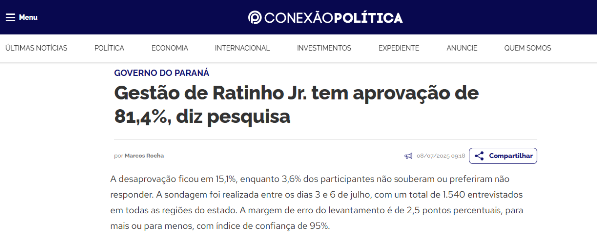 Conexão Política cita pesquisa realizada pela Paraná Pesquisas no Estado do Paraná.