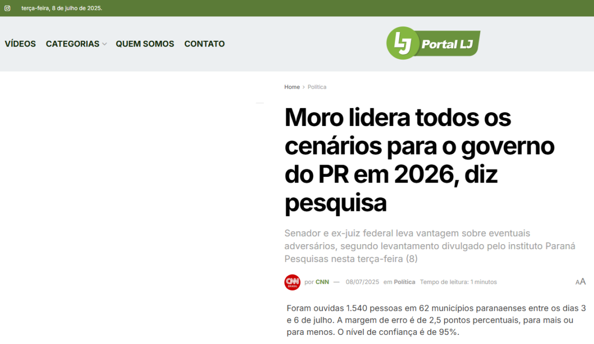 Portal LJ cita pesquisa realizada pela Paraná Pesquisas no Estado do Paraná. 2 Portal LJ cita pesquisa realizada pela Paraná Pesquisas no Estado do Paraná.