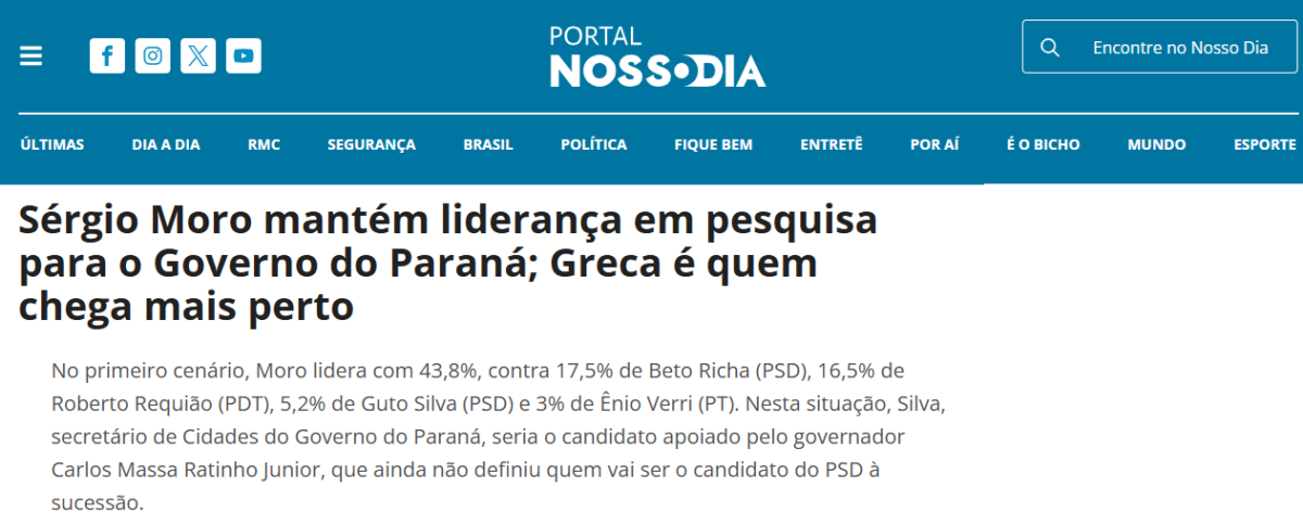 Portal Nosso Dia cita pesquisa realizada pela Paraná Pesquisas no Estado do Paraná. 2 Portal Nosso Dia cita pesquisa realizada pela Paraná Pesquisas no Estado do Paraná.