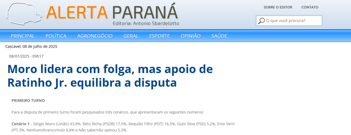 Alerta Paraná cita pesquisa realizada pela Paraná Pesquisas no Estado do Paraná.